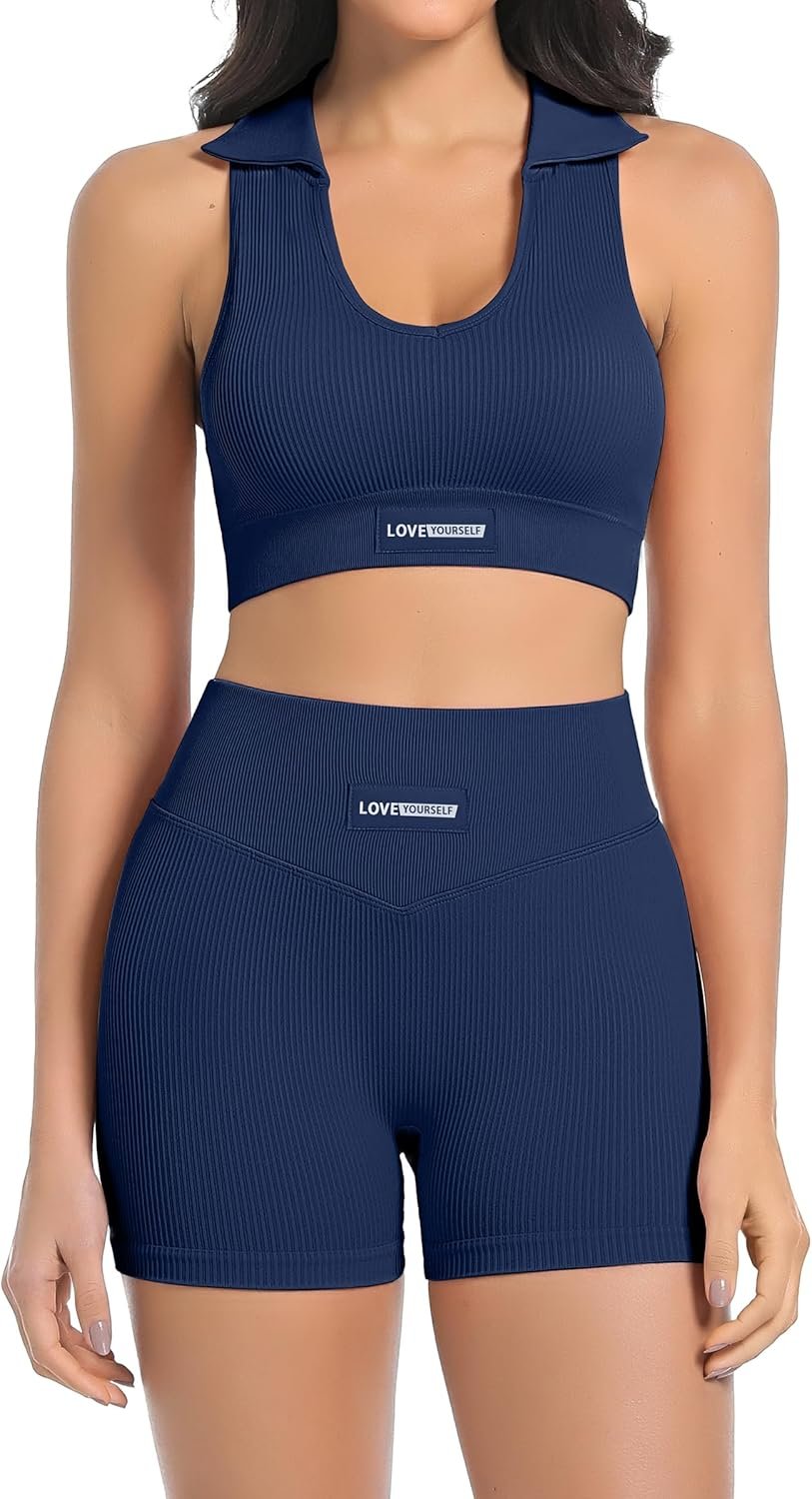 Workout Sets Women 2 Piece Seamless Ribbed Stretch Polo Collar Sports Bra Scrunch Butt Lifting Workout Shorts