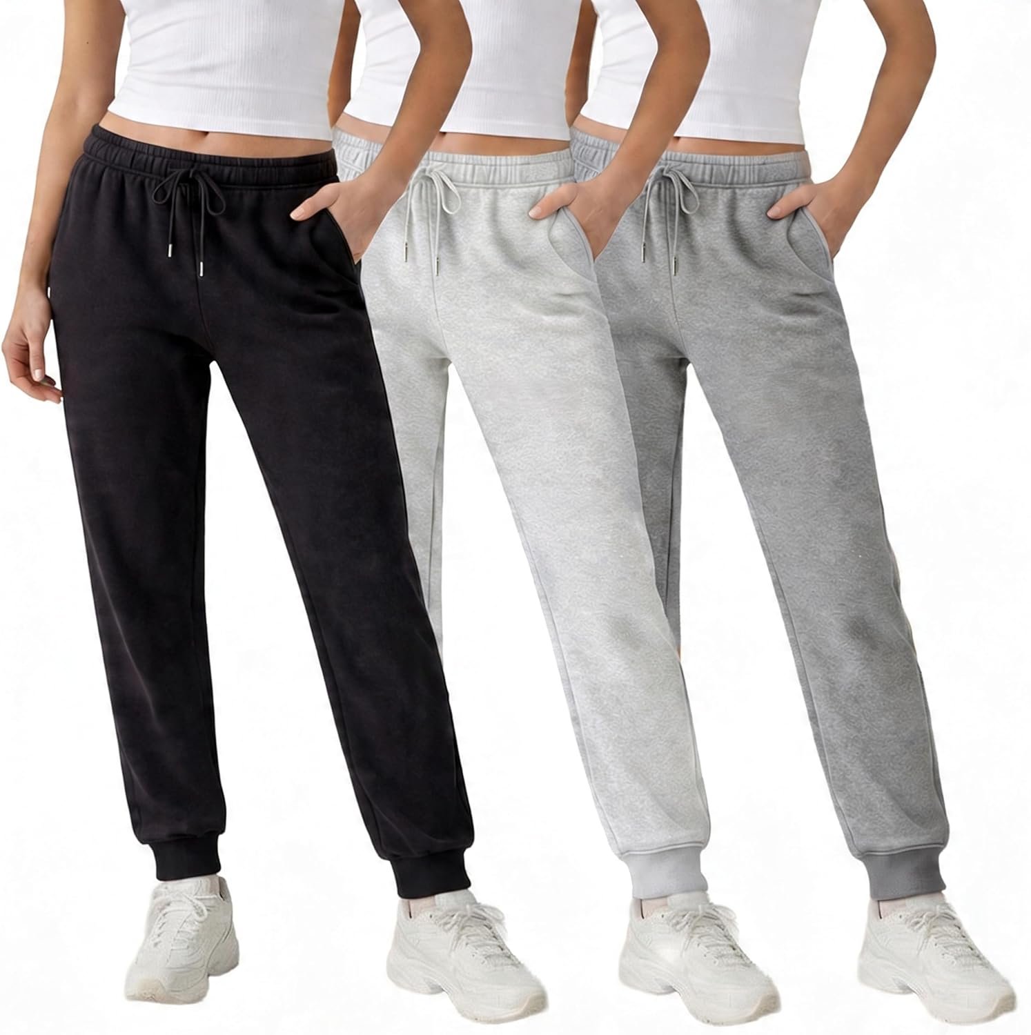Common Stitch 3 Pack Fleece Joggers for Women — Deep Pockets, Slim Fit, Elastic Drawstring Waist