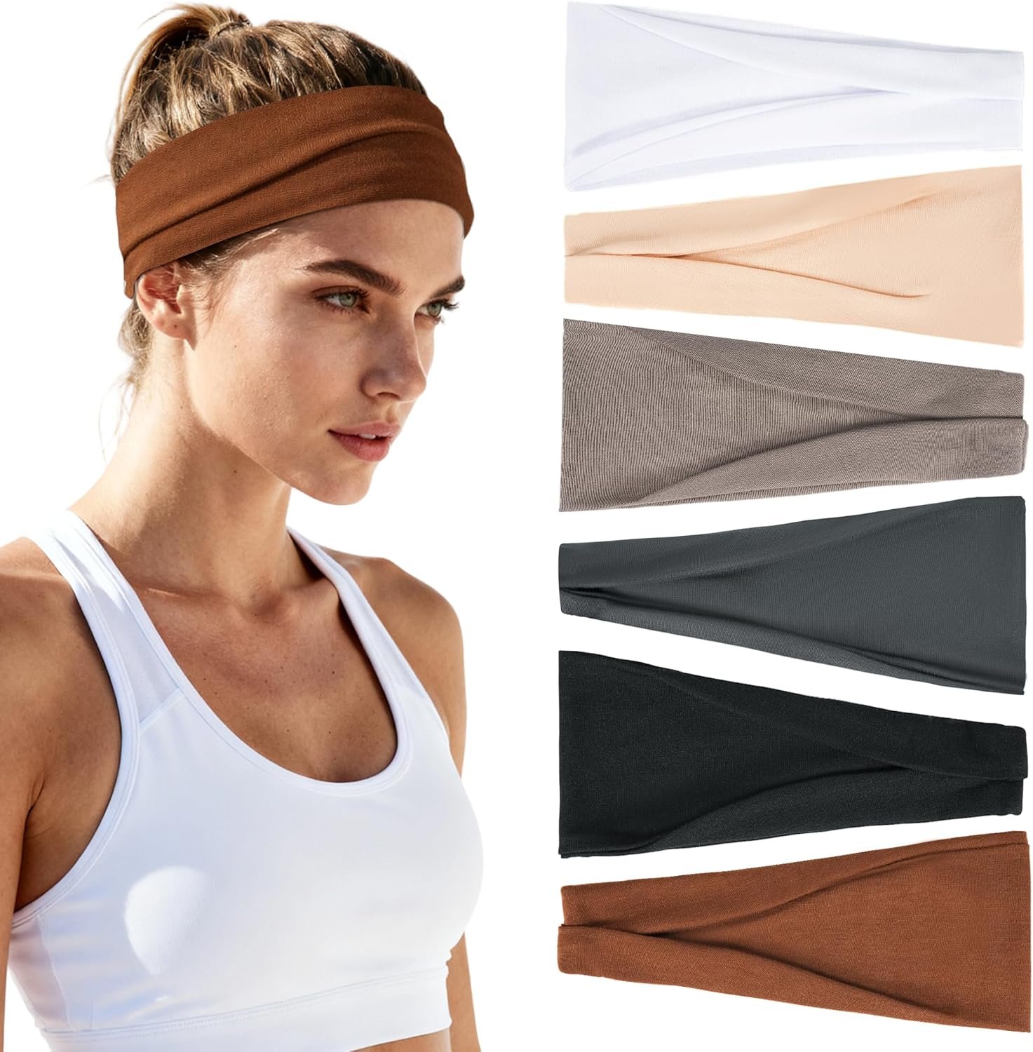 Headbands for Women Non-Slip Workout Hair Bands, 6 Pack Stretchy Athletic Soft Sweatbands, Elastic Cloth Fabric Headband, Fashion Head Bands for Yoga Running Sports Gym Sports Exercise