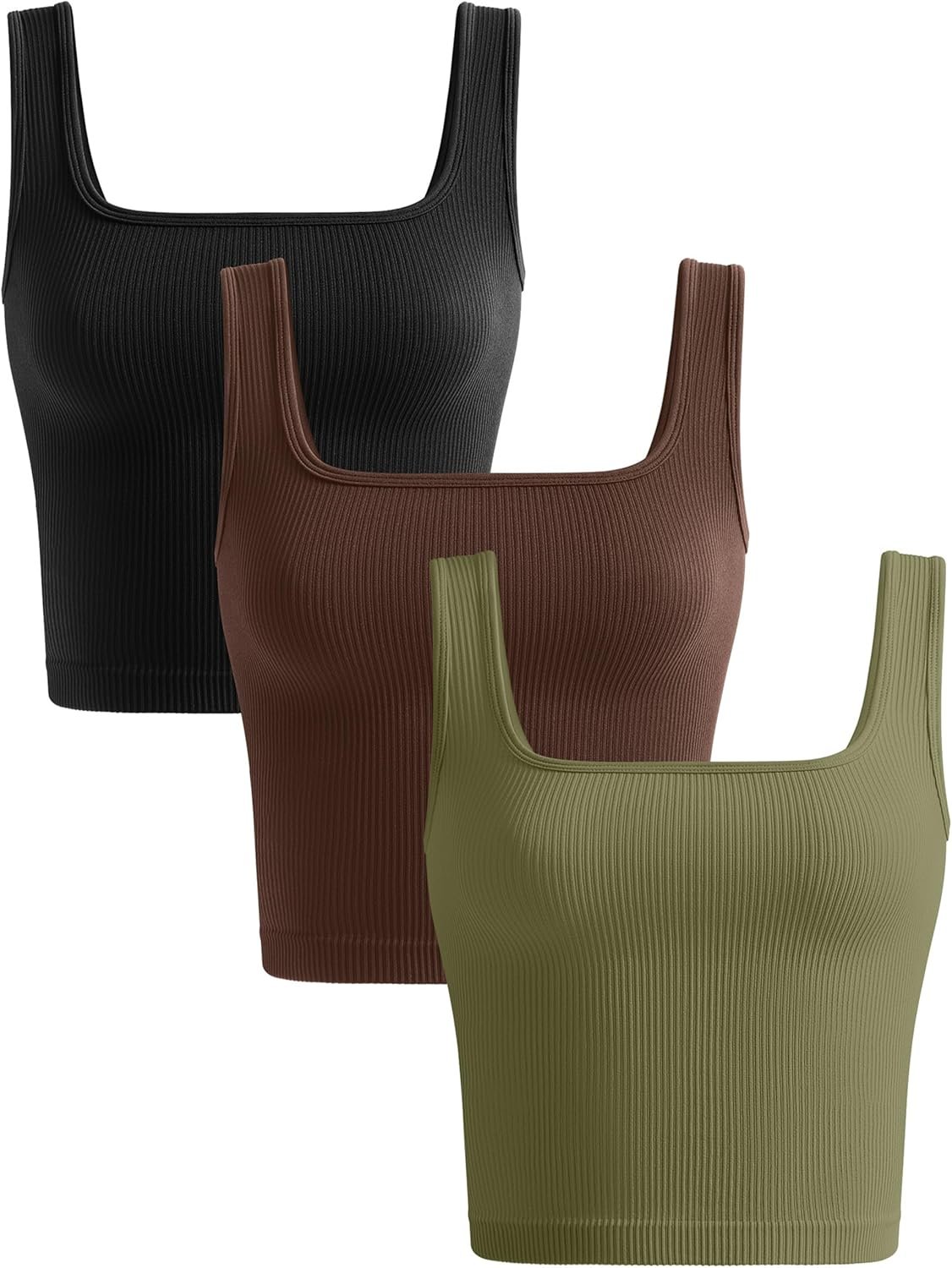 KIKIMINK Womens Crop Tank Tops 3 Pack Seamless Ribbed Sleeveless Square Neck Workout Yoga Gym Shirts Fitted Basic Camisole
