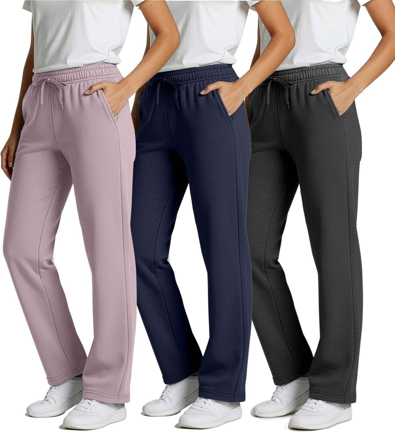 Real Essentials 3 Pack: Women’s Relaxed Fit Fleece Open Bottom Sweatpants – Casual Athleisure (Available in Plus)