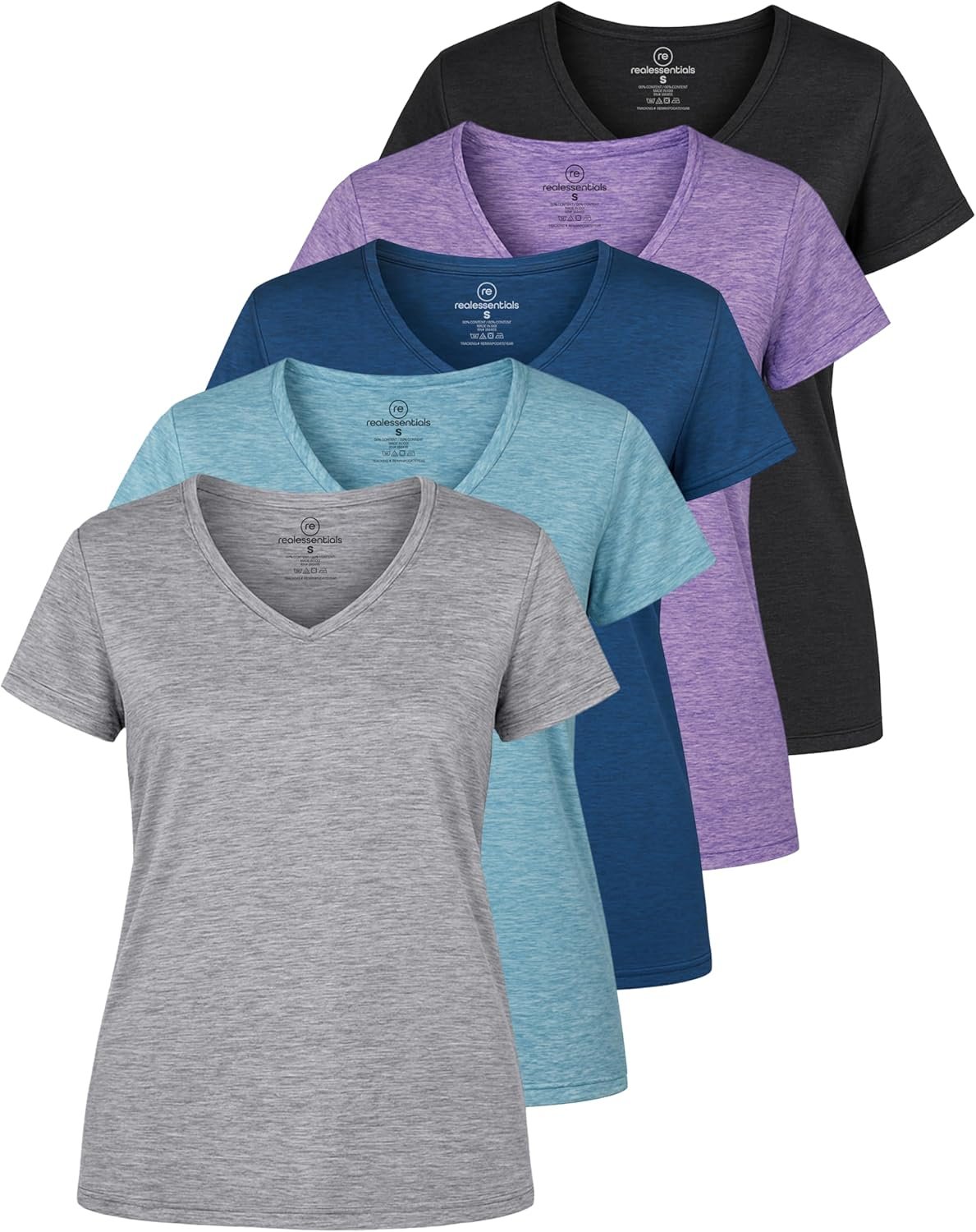 Real Essentials 5 Pack: Women’s Dry-Fit Short Sleeve V Neck T Shirt Workout Fitness Yoga Top Tee (Available in Plus Size)
