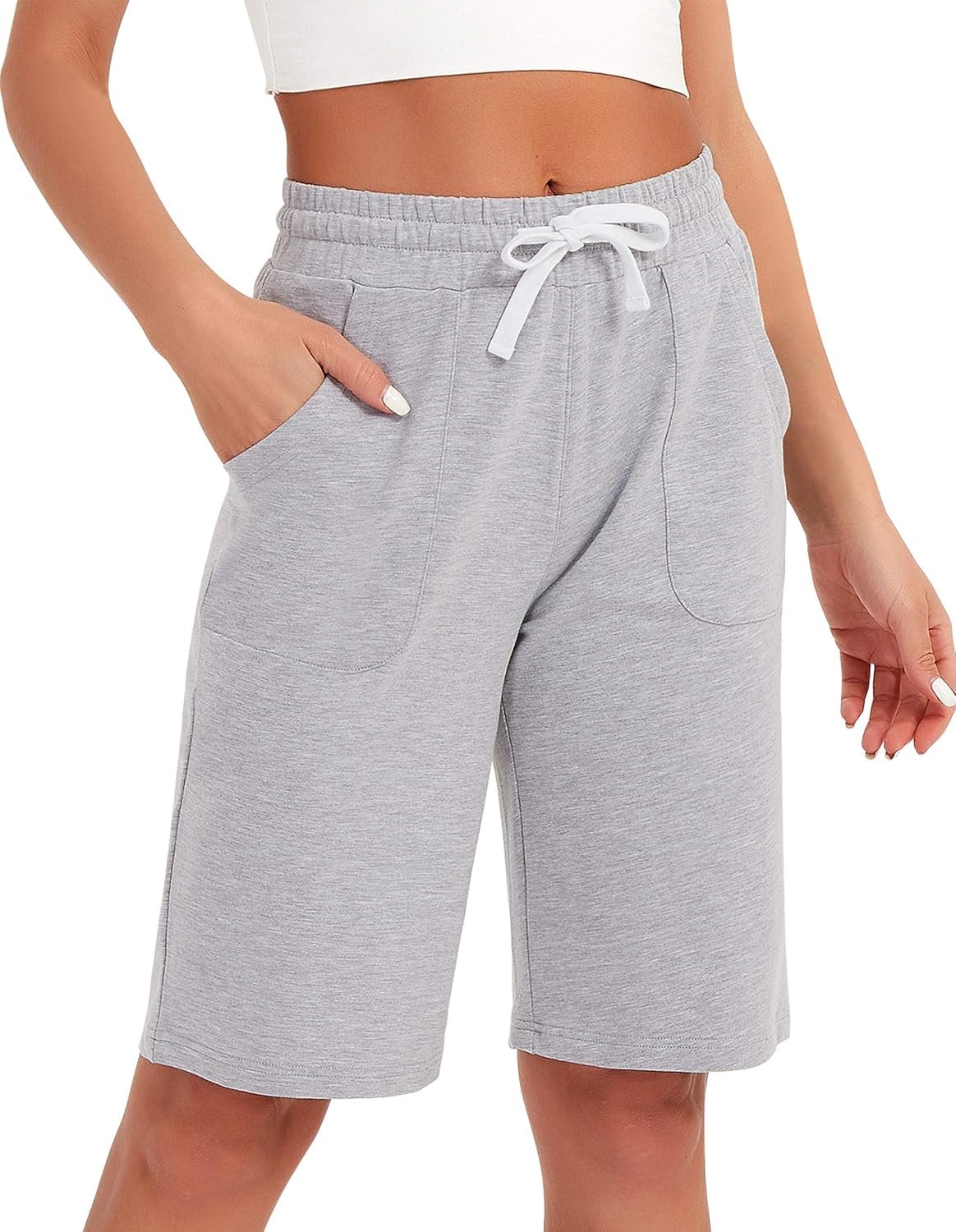 SPECIALMAGIC Cotton Sweat Shorts with Pockets for Women 10″ Athletic Lounge Sports Workout Bermuda Knee Shorts