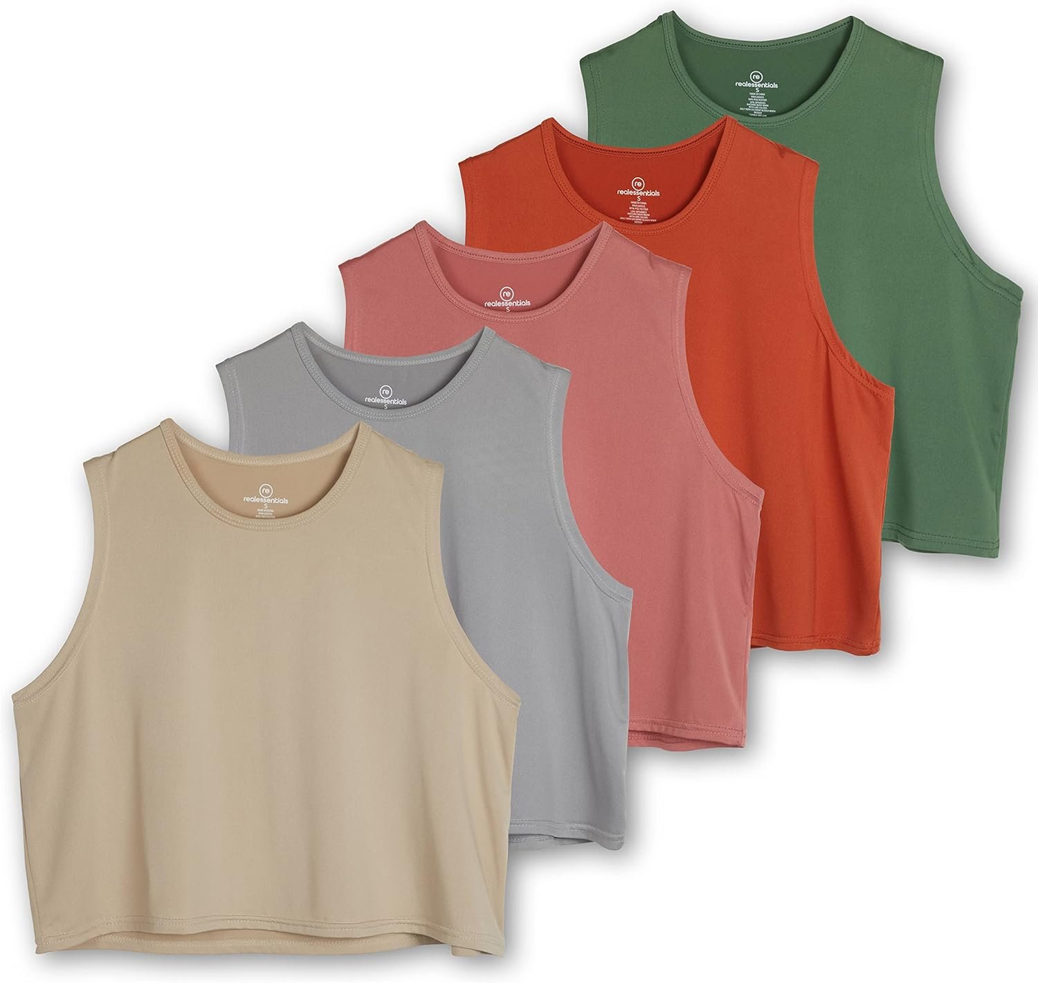 Real Essentials 5 Pack: Women’s Dry Fit Crop Summer Tank Top – Gym Yoga Workout Sports Tee (Available in Plus Size)
