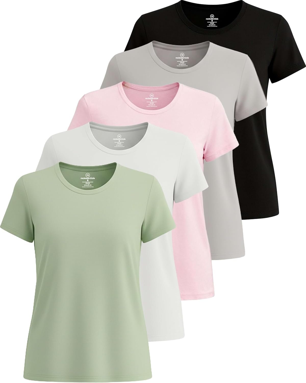 Real Essentials 5 Pack: Women’s Short Sleeve T-Shirts Workout Tops Fitness Pilates Gym Activewear Athletic (Plus Available)