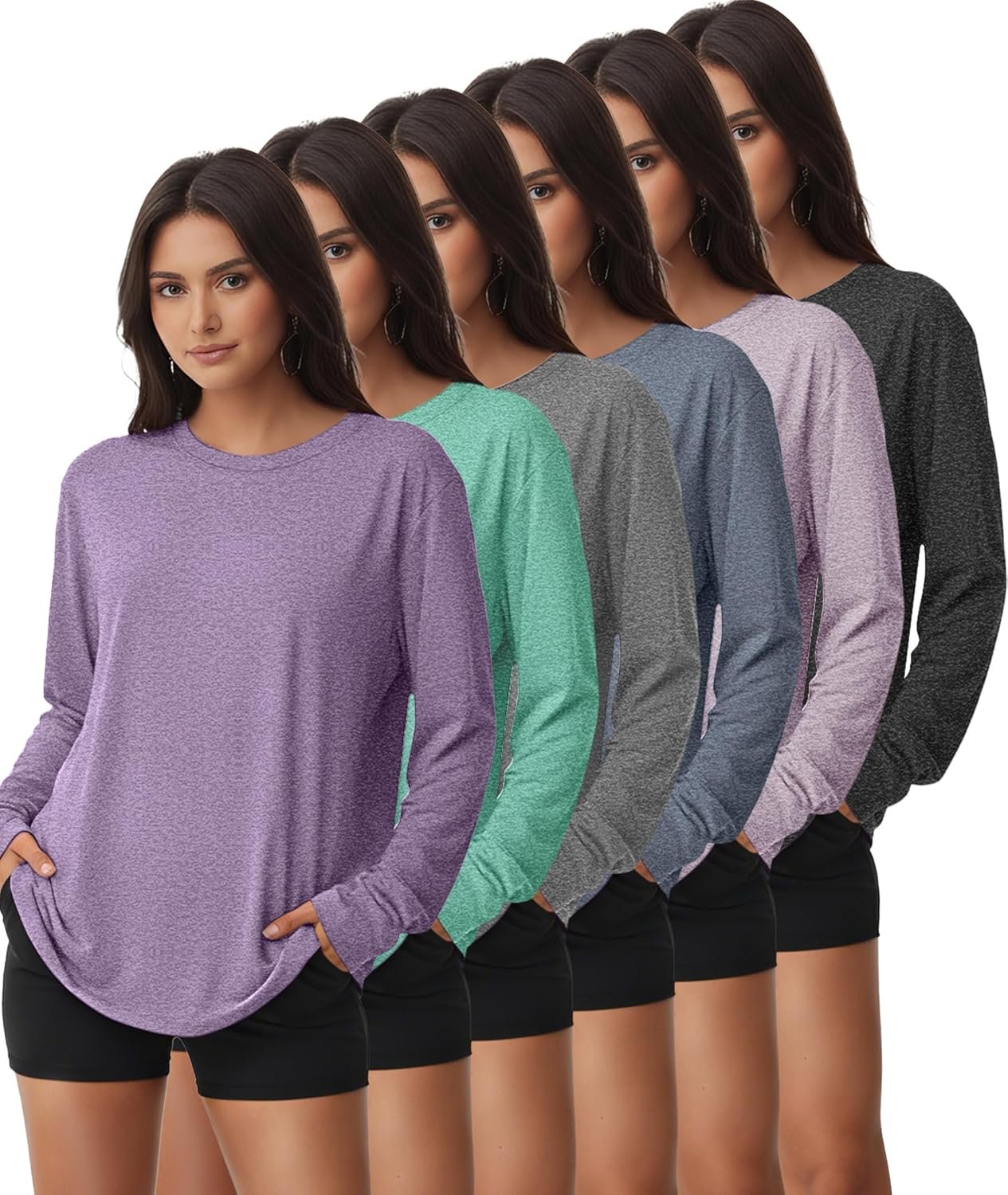Kinglaman 6 Pack Women’s Long Sleeve Workout Dry Fit Shirts, UPF 50+ Rash Guard SPF UV Sun Protection Swim Tee Shirts