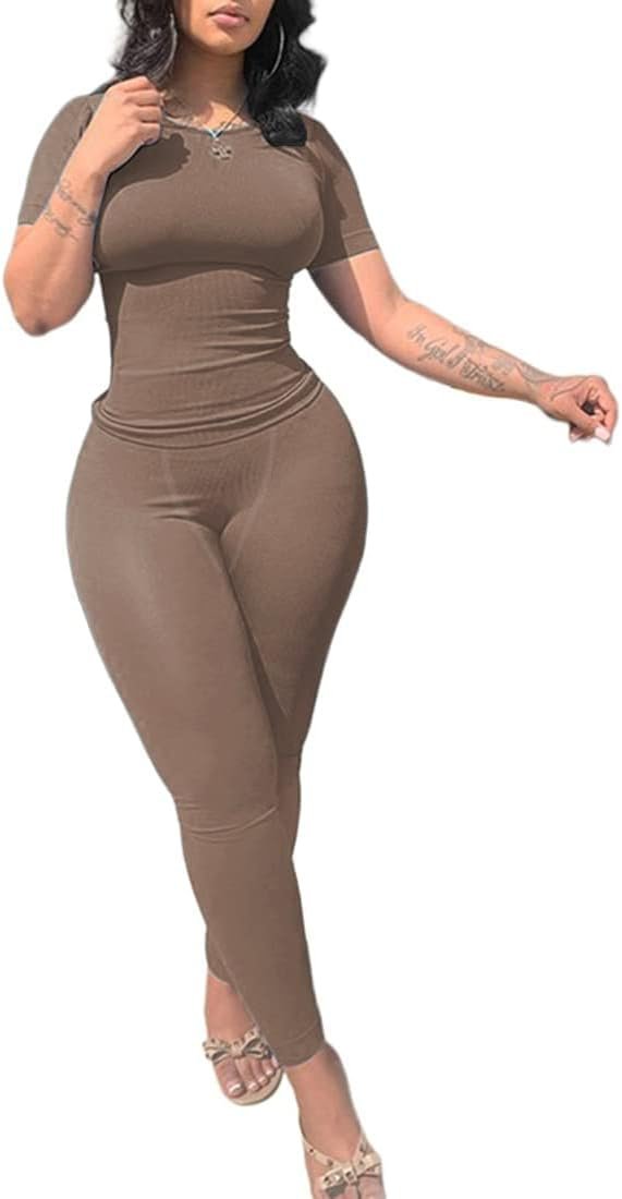 Casual Workout 2 Piece bodycon casual outfit Women Ribbed Set Short Sleeve Elastic Leggings LoungeWear activewear