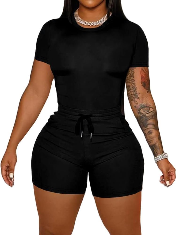 HBQ Women‘s 2 Piece Outfits Summer Sweatsuits Biker Short Workout Sets