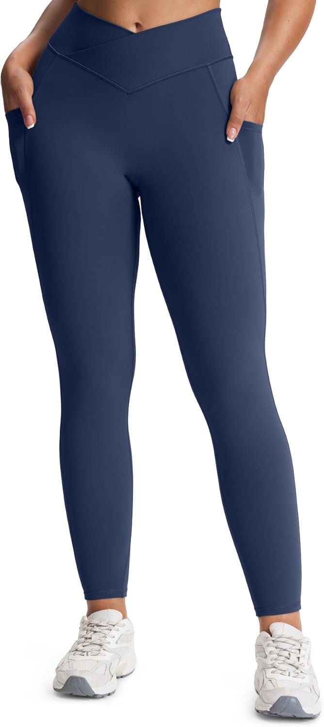 Aoxjox Women’s Trinity High Waisted Yoga Pants with Pockets Cross-Waist Tummy Control Buttery Soft Workout Leggings 26″