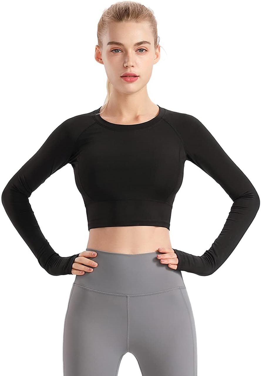 Women Fitness Seamless Long Sleeve Crop Workout Yoga Tops Gym Running Thumb Hole Shirts
