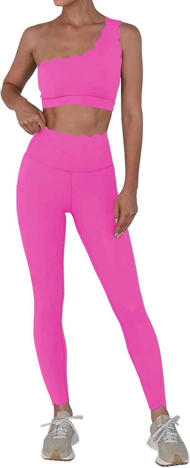 Fisoew Workout Sets for Women 2 Piece High Waisted Leggings with One Shoulder Stretchy Sports Bra Gym Tracksuits