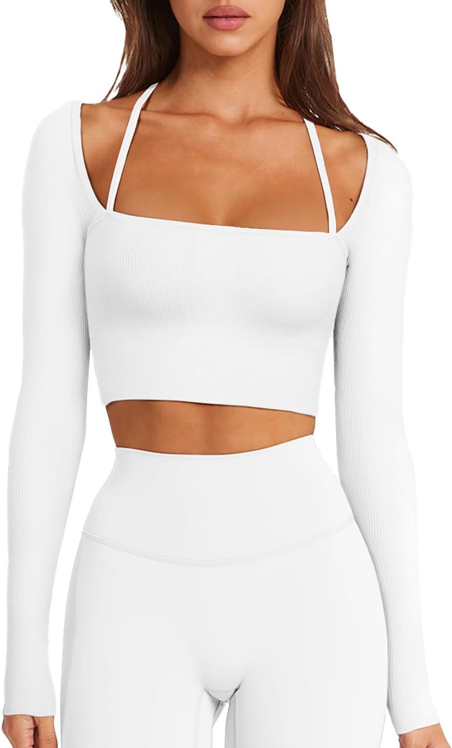LASLULU Womens Sexy Square Neck Crop Top Ribbed Seamless Long Sleeve Workout Tops Halter Neck Athletic Yoga