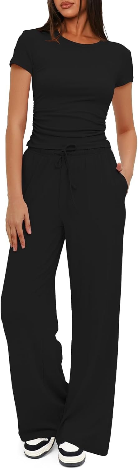 Darong Women’s 2 Piece Summer Outfits Lounge Sets Side Ruched Short Sleeve Crop Top & Wide Leg Pants Matching Tracksuit