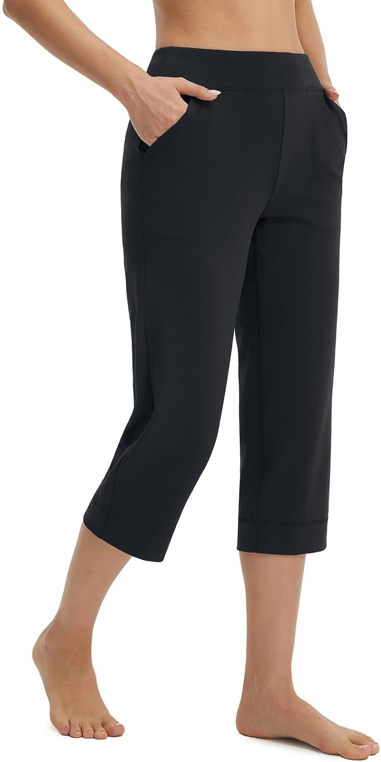 baleaf Womens Capri Pants High Waisted Straight Leg Yoga Capris Leggings with Pockets Crop Workout 21″ Summer Pants