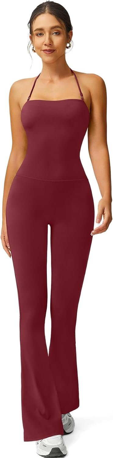 TimeOFF Women’s Flare Leg Yoga Pants Jumpsuit, High Waisted Bootcut Workout Leggings with Halter Top