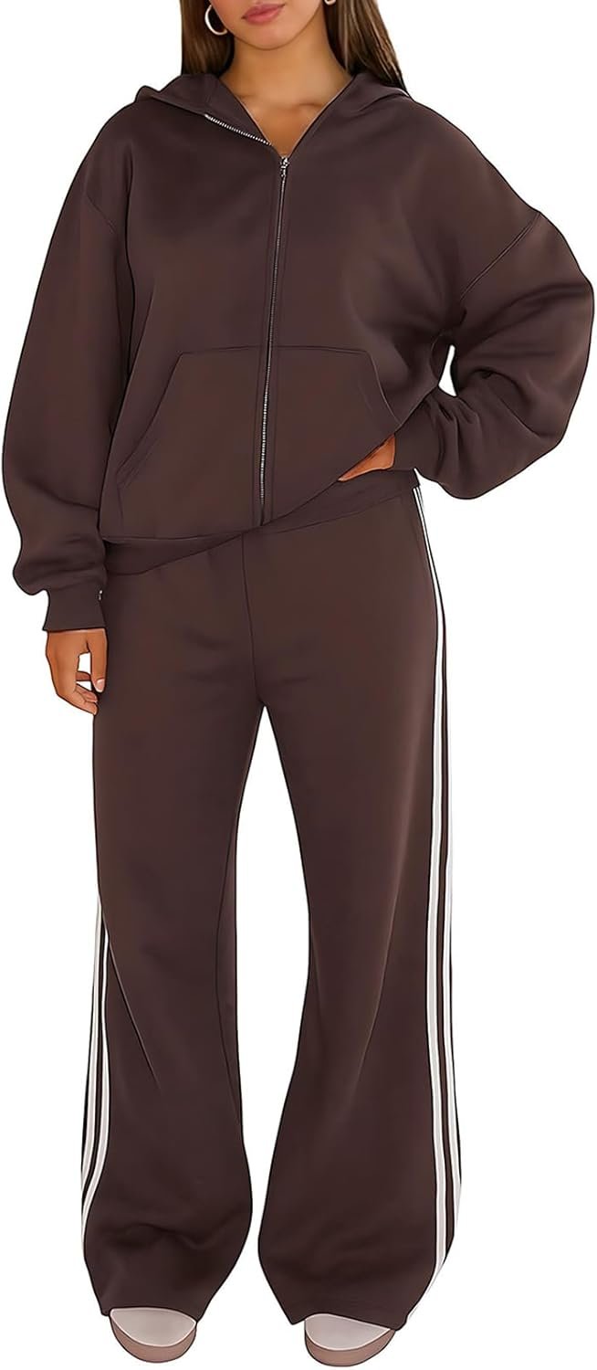 Sweatsuits Women 2 Piece Outfit Zip Up Hoodie Jacket Striped Wide Leg Sweatpants Athleisure Tracksuit Lounge Set