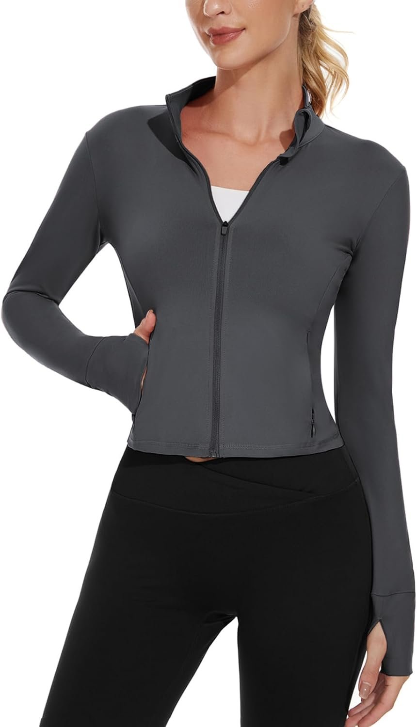 M MOTEEPI Cropped BBL Jackets for Women Running with Zip Pockets Workout Athletic Full Zip Jackets Yoga Gym Thumb Holes