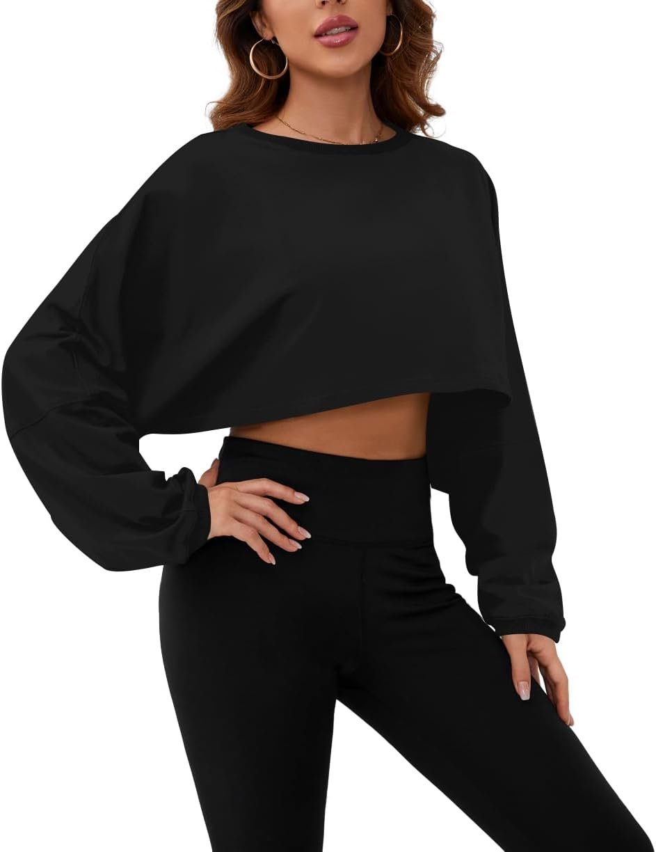 Meladyan Women Long Sleeve Crewneck Crop Top Tee Shirt Sweatshirt Casual Solid Loose Fit Workout Cropped Pullover Tshirt
