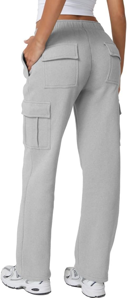 QINSEN Baggy Medium Waist Elastic Sweatpants for Womens Casual Long Fleece Cargo Pants with Pockets