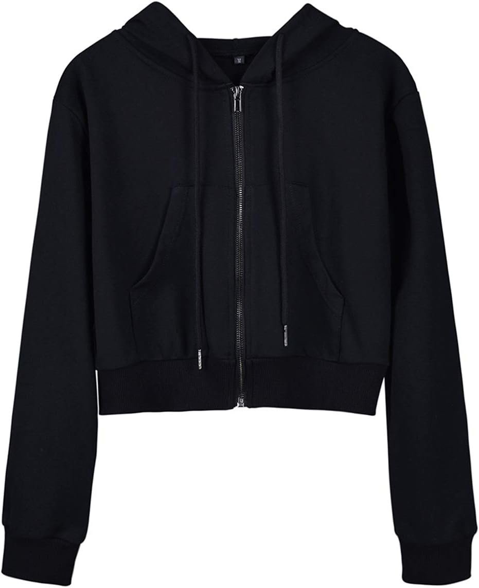 Yimoon Zip Up Hoodie Women Cropped Casual Sweatshirts Workout Long Sleeve Drawstring Hooded Jacket Crop Tops