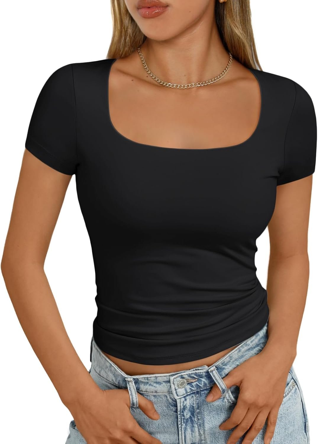 AUTOMET Double Lined Short Sleeve Crop Top for Women Scoop Neck Fitted Tight Tee Shirt Cute Summer Teen Going Out Workout Gym