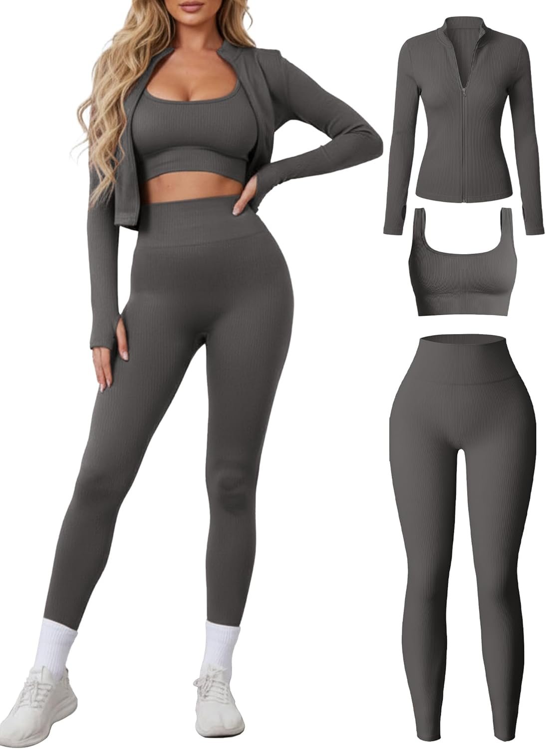 Women 3 Piece Seamless Workout Set Sports Bra High Waisted Gym Yoga Leggings Zip Up Jacket with Thumbhole Activewear