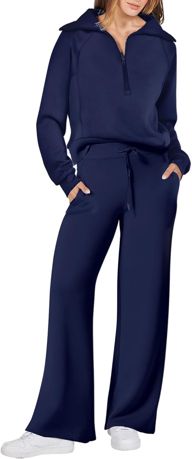 ANRABESS Women’s 2 Piece Outfits Half Zip Sweatshirt & Wide Leg Pants Airport Travel Lounge Matching Sets Sweatsuits Clothing