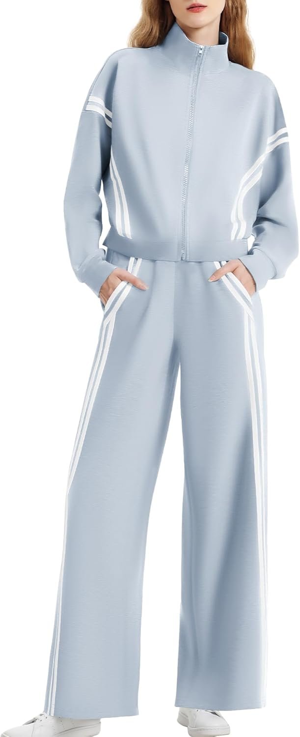 Casly Lamiit Women’s 2 Piece Lounge Outfits Zip Up Sweat Set Contrast Striped Wide Leg Jogging Pants Travel Track Suit