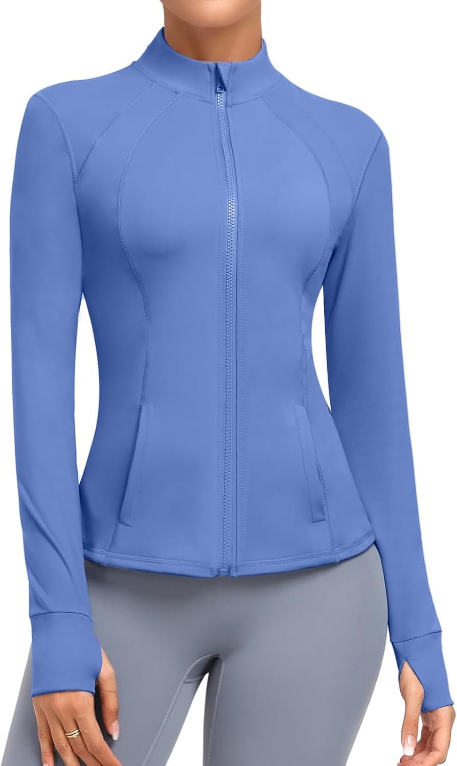 Women’s Athletic Full Zip Lightweight Workout Jacket With Pockets Running Slim Fit Yoga Sportwear With Thumb Holes