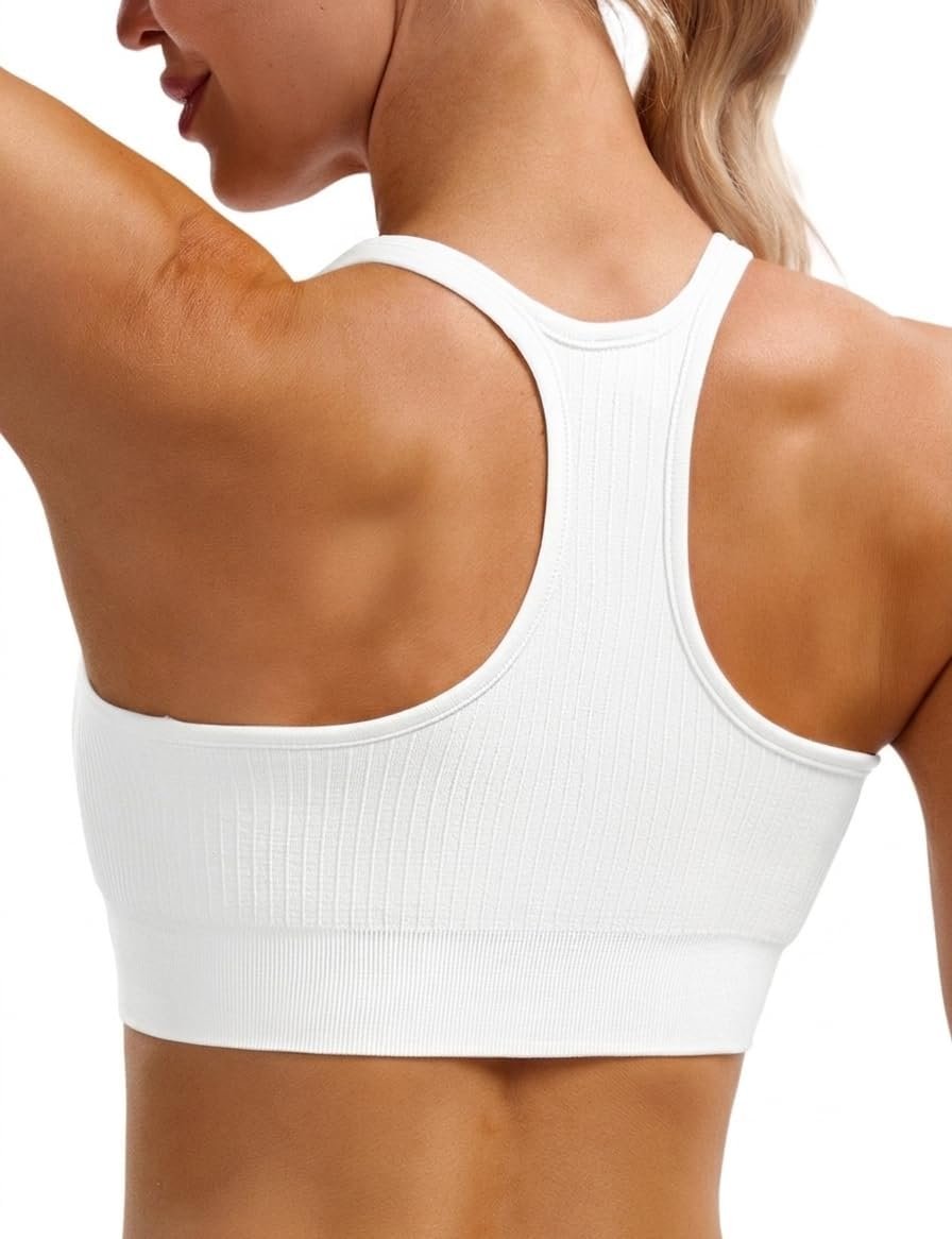 MathCat Seamless Ribbed Sports Bra for Women, Racerback Workout Athletic Top with Removable Pads, Yoga Gym Pilates Crop
