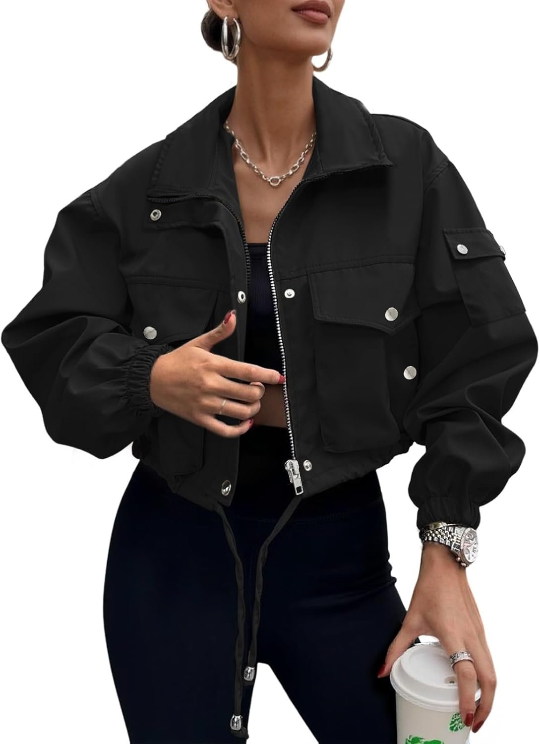 UEAL Womens Cropped Bomber Jacket 2026 Trendy Zip Up Lightweight Utility Anorak Coat With Pockets