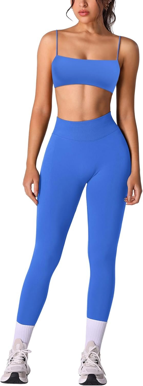 ABOCIW Workout Sets for Women 2 Piece Seamless Bandeau Strappy Sports Bra High Waist Leggings Yoga Gym Work Out Clothes