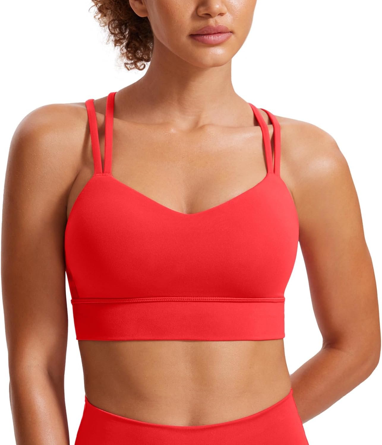 CRZ YOGA Softness Mold Butterluxe Strappy Longline Sports Bras for Women – Double Spaghetti Strap Workout Yoga Crop Top