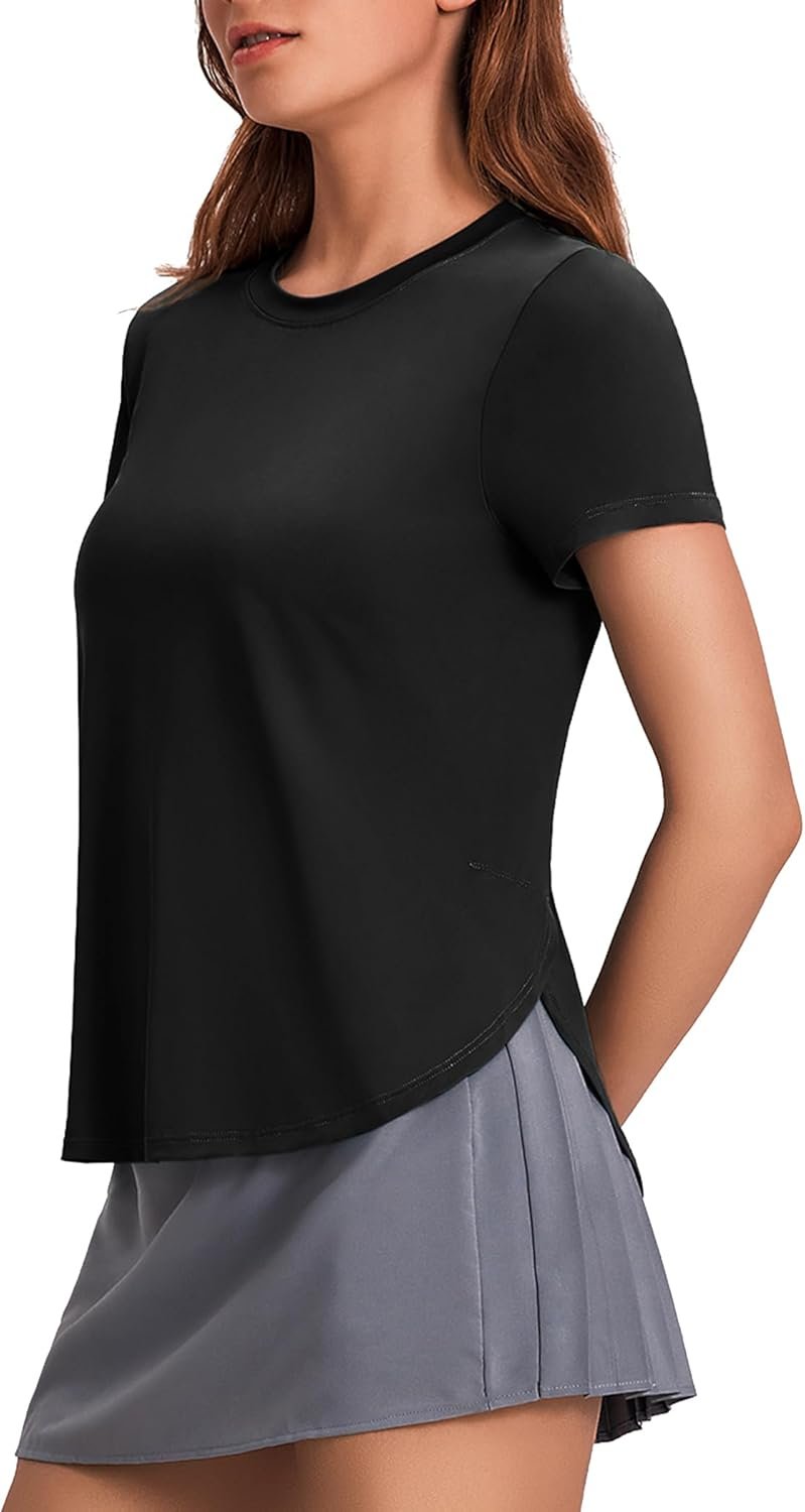 PINSPARK Workout Tops for Women UPF 50+ Yoga Shirts Short Sleeve Athletic Tops with Side Slits Running Gym Tee Top Loose Fit