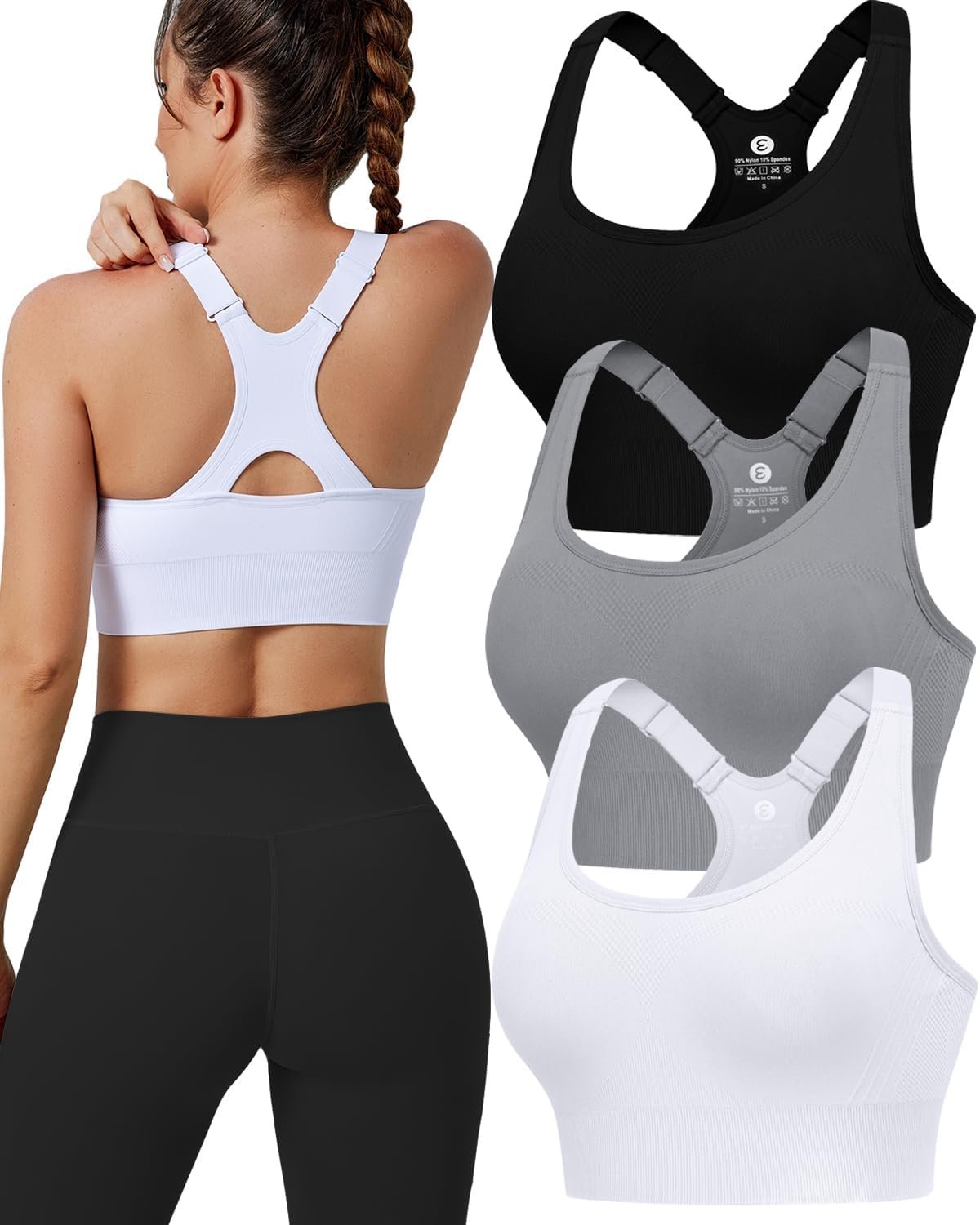 Evercute Women’s Adjustable Racerback Sports Bras 3/4/5 Pack High Support Seamless Padded Workout Yoga Athletic Bras Top