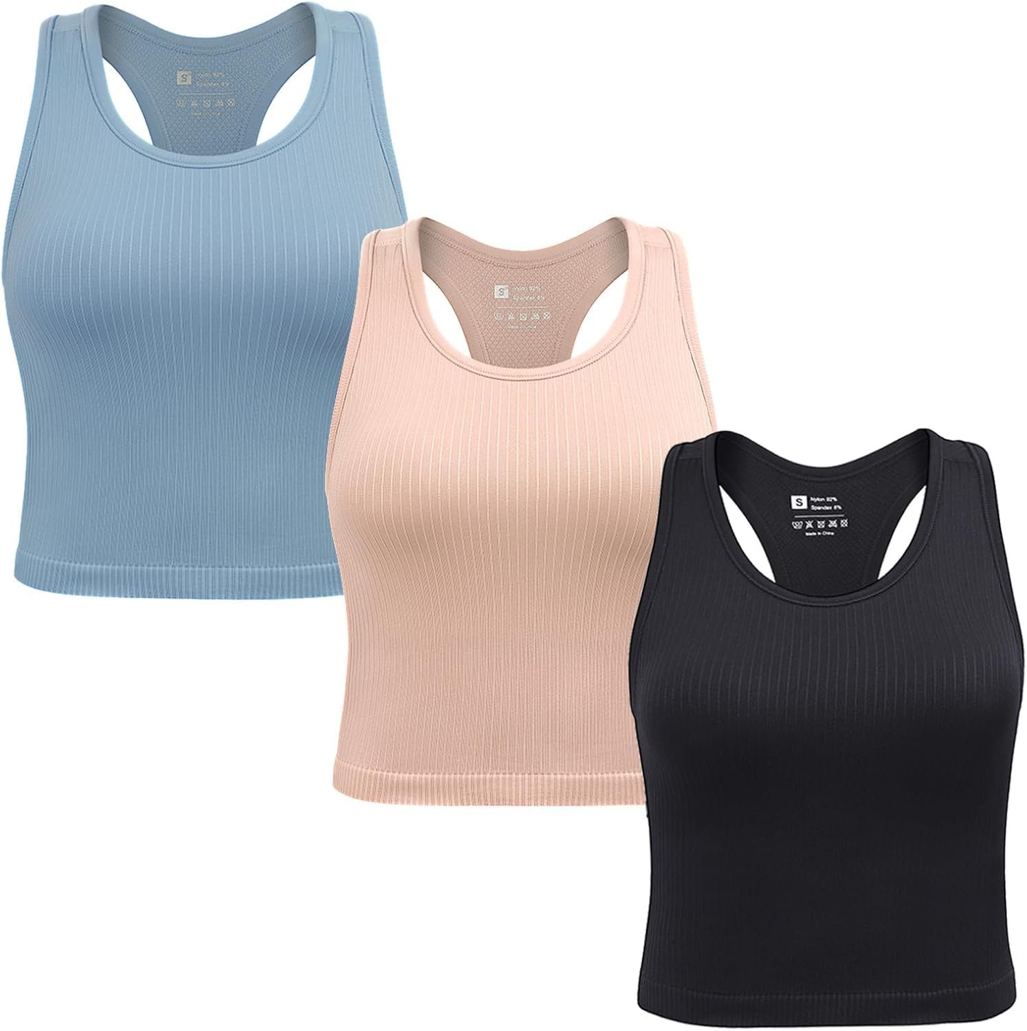 2/3/4 Packs Ribbed Racerback Tanks with Built in Bra for Women -Women’s Seamless Crop Tops Camisole Sport Bra