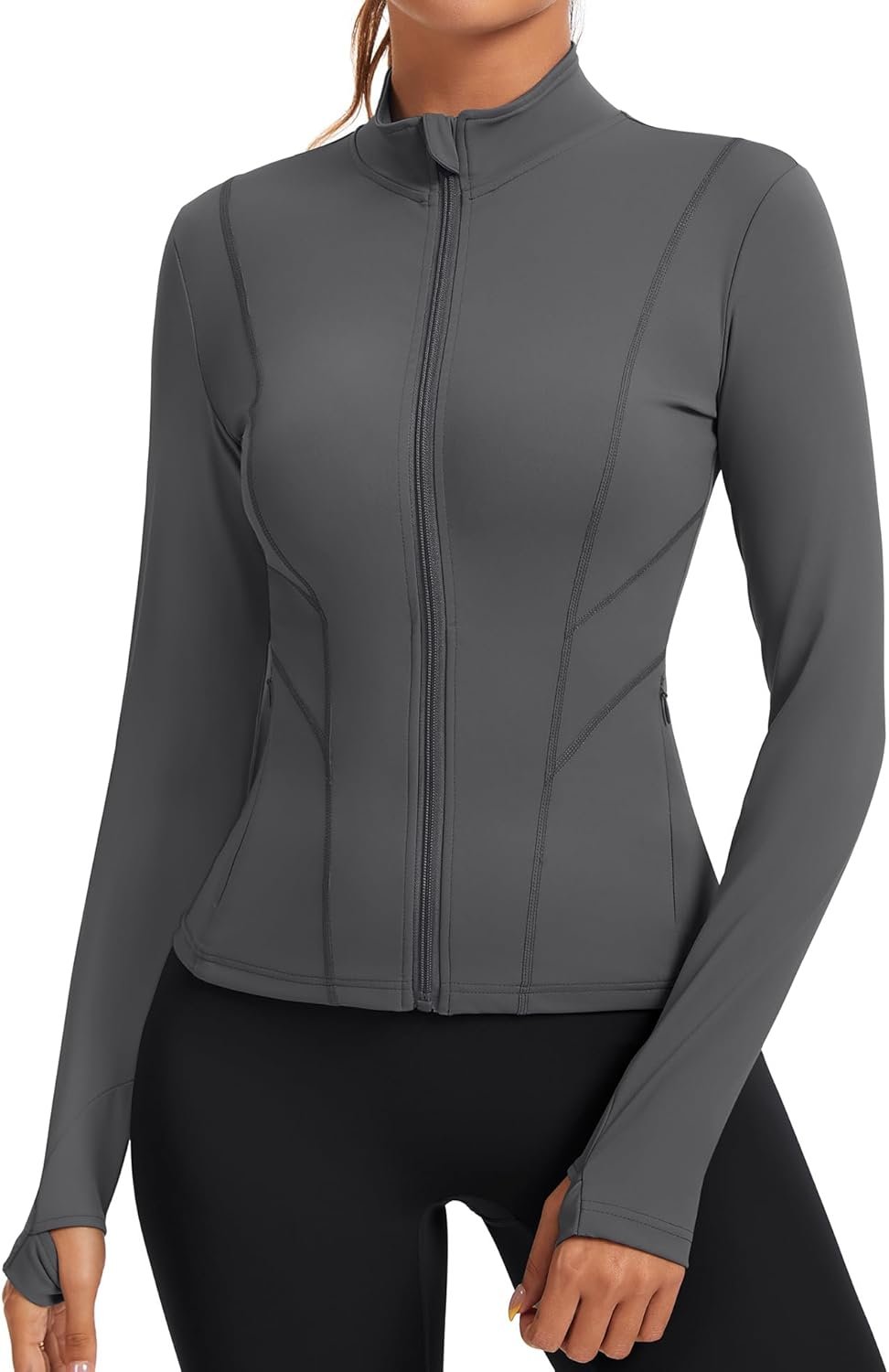 Rapbin Women’s Slim Fit Workout Jackets Full Zip Long Sleeve Running Athletic Tops Yoga Shirts with Thumb Holes