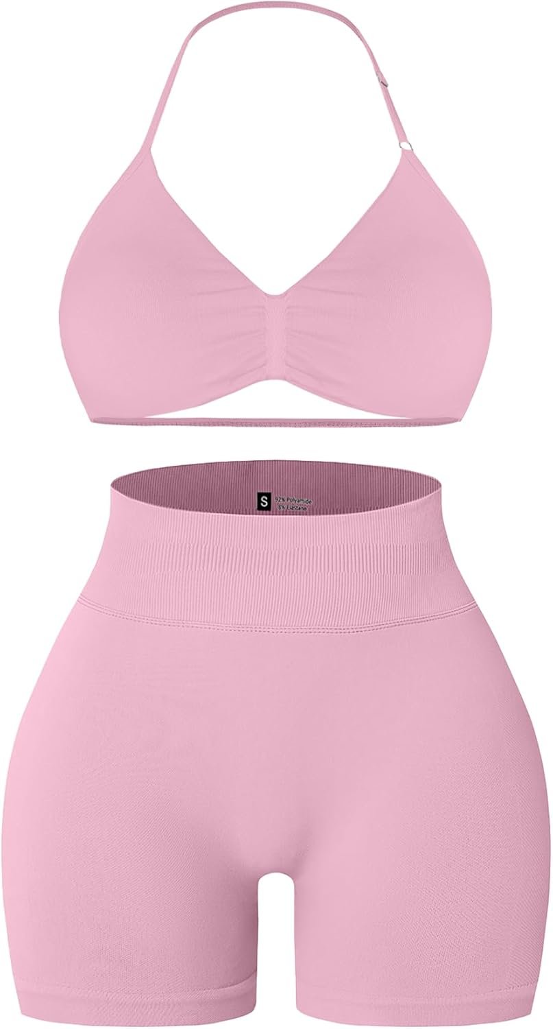 Comper 2 Piece Workout Sets for Women Halter Strappy Sports Bra with Seamless Ribbed Gym Yoga shorts Outfits