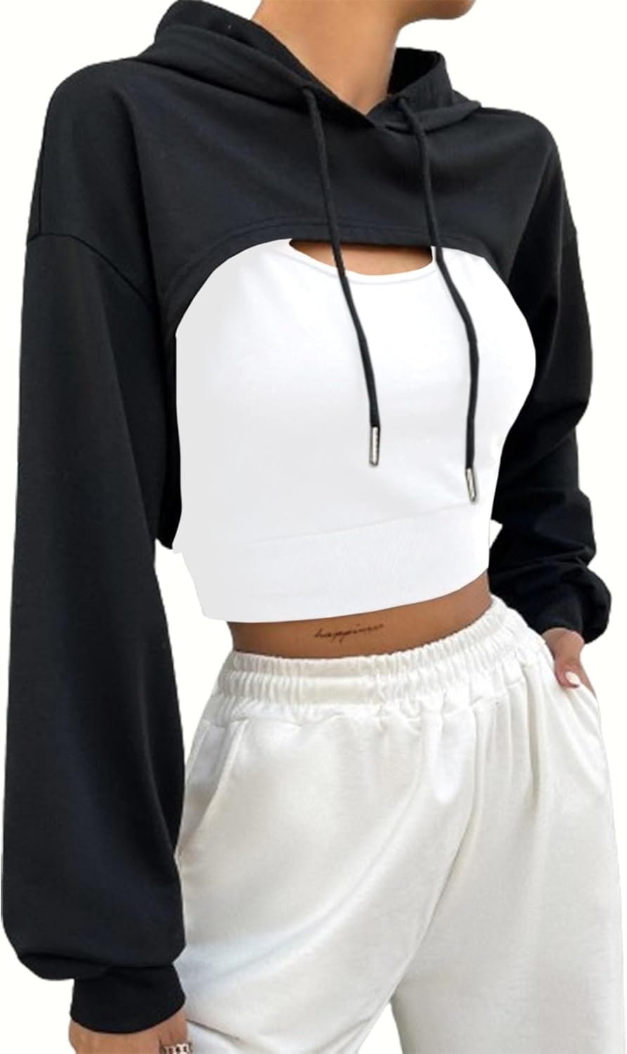 Hilinker Women’s Long Sleeve Cropped Hoodie Workout Drawstring Super Crop Tops without Camisole