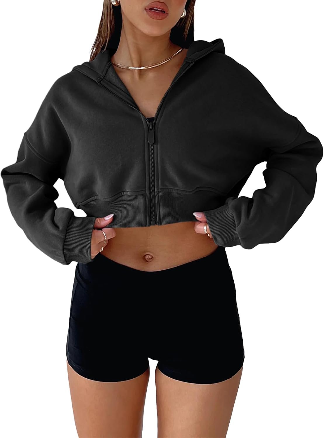 Aurgelmir Women’s Cropped Zip Up Hoodie Sweatshirts Long Sleeve Casual Loose Y2K Pullover Tops