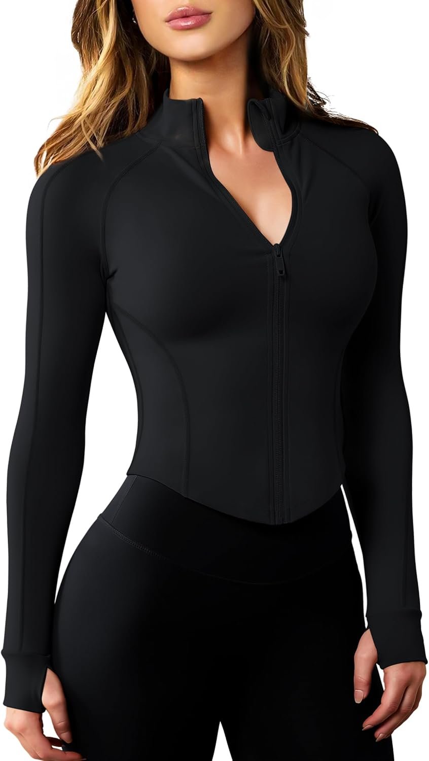 AVGO Women’s Workout Jacket Lightweight Zip Up Cropped Yoga Jackets Slim Fit Athletic Tops with Thumb Holes