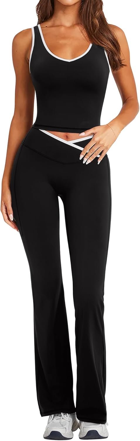 RXRXCOCO Women’s Workout Sets 2 Piece Flare Leggings Butt Lifting Crop Tank Top Matching Set Colorblock Gym Yoga Outfits