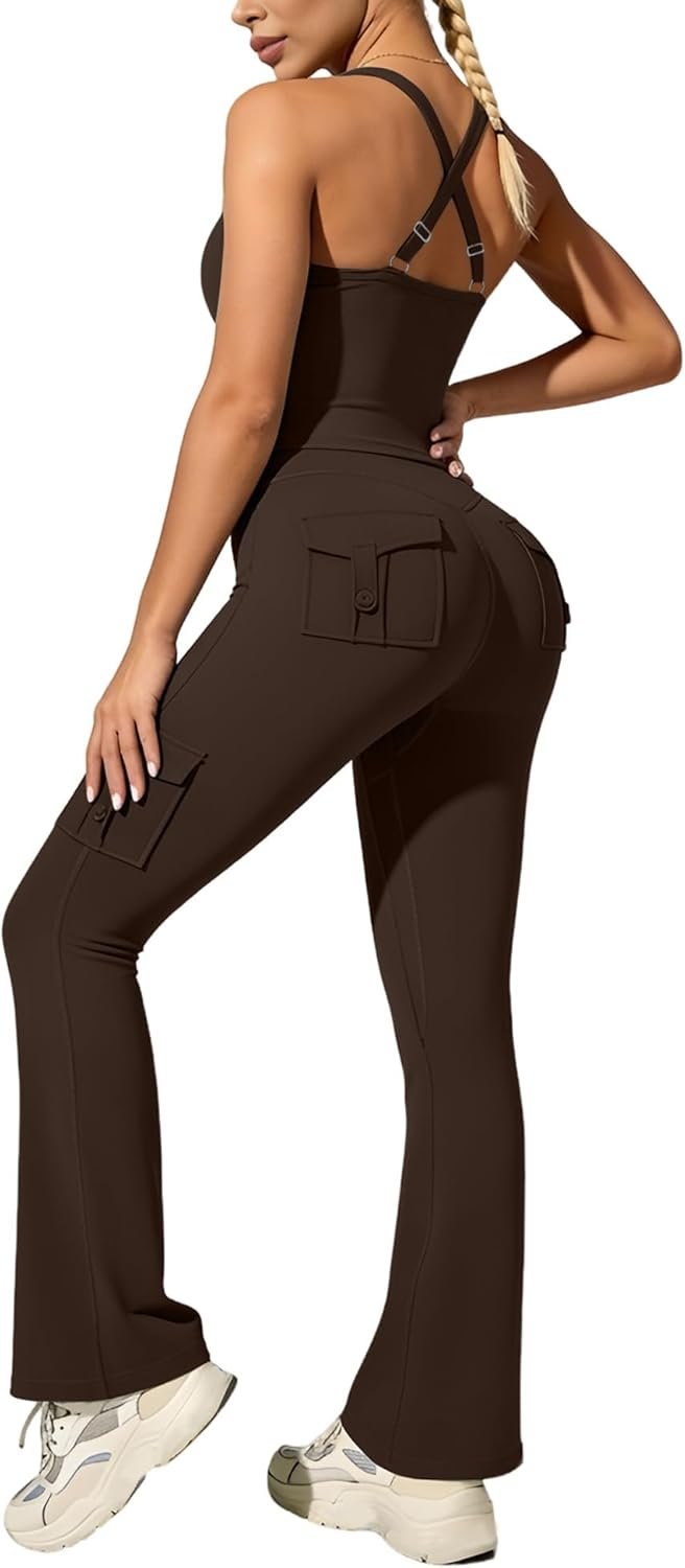 UOUA Women’s 2 Piece Workout Sets Cami Racerback Tank Cargo Flare Leggings with Pockets Gym Yoga Outfits