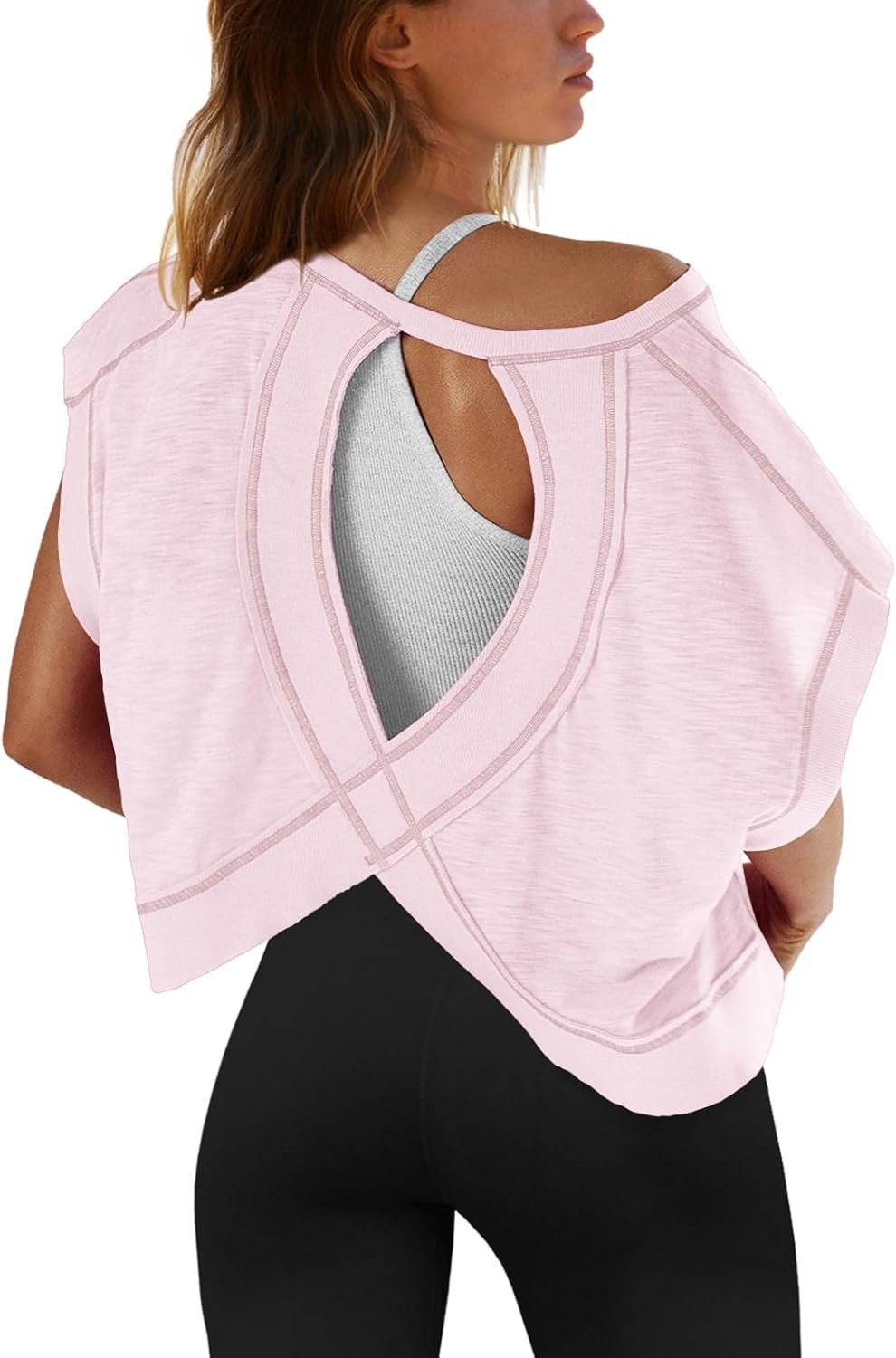 SENSERISE Womens Open Back Workout Tops Backless Short Sleeve Athletic Shirt Running Crop Top Gym Yoga Tee
