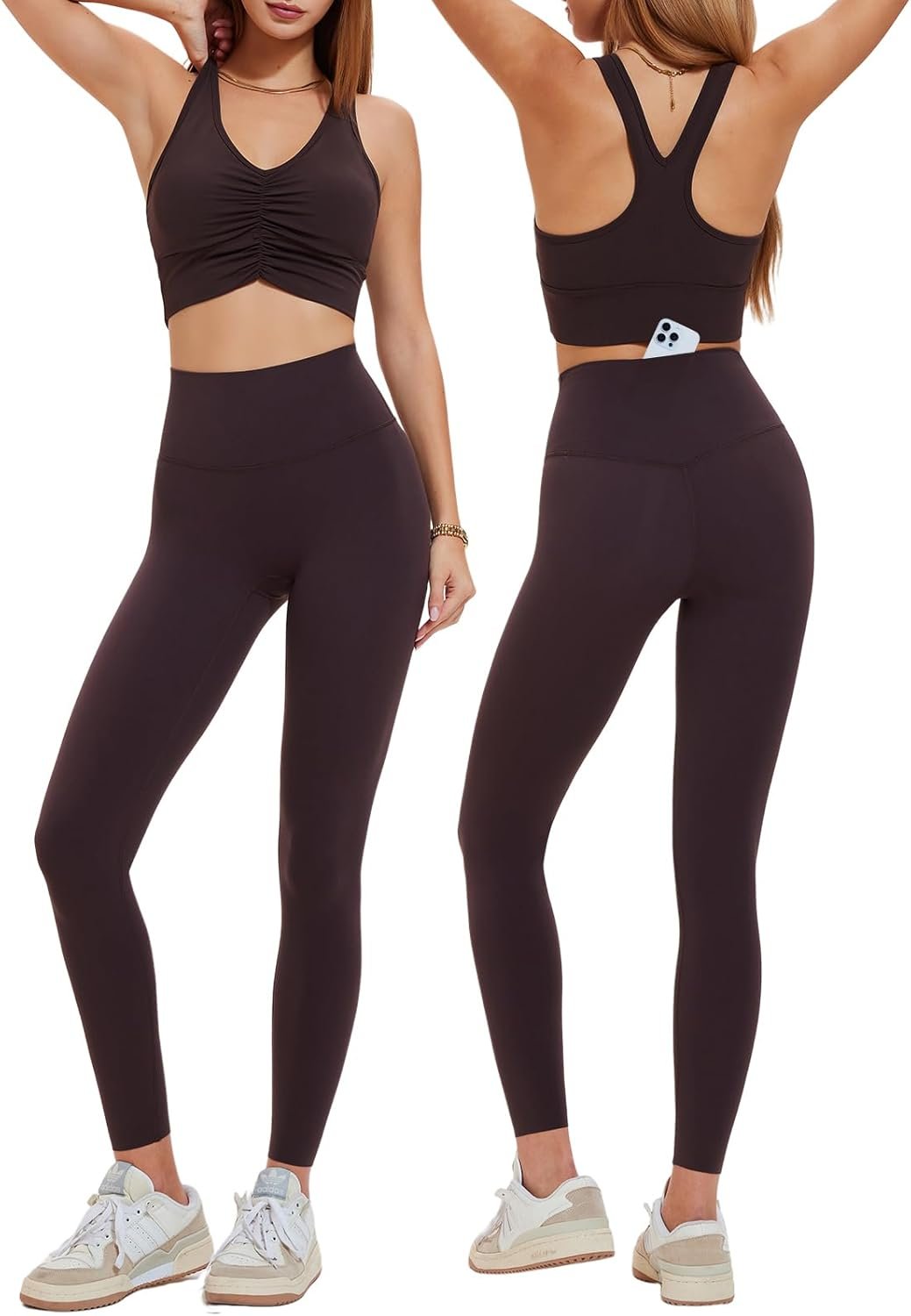 Women’s 2 Piece Workout Set Ruched Longline Sports Bra & High Waisted Leggings with Pocket Removable Pads Yoga Pilates Outfit