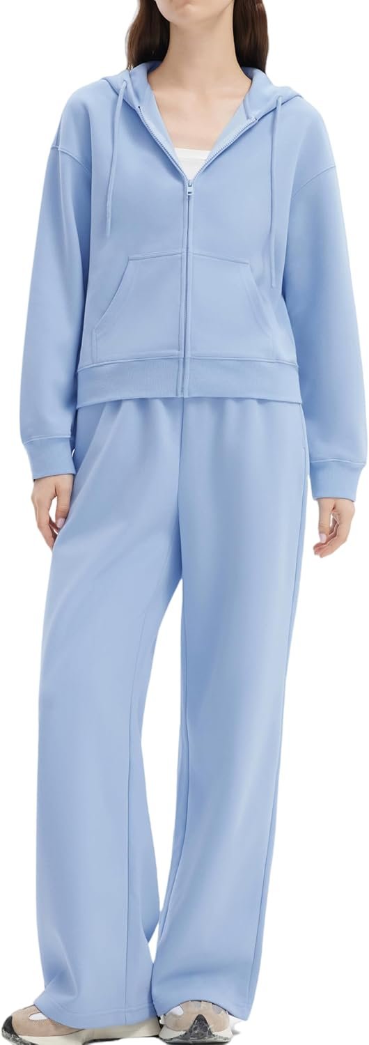 SUUKSESS Womens 2 Piece Sweatsuits Outfits Zip Up Hoodie Tracksuit Straight Wide Leg Sweatpant Lounge Matching Sets