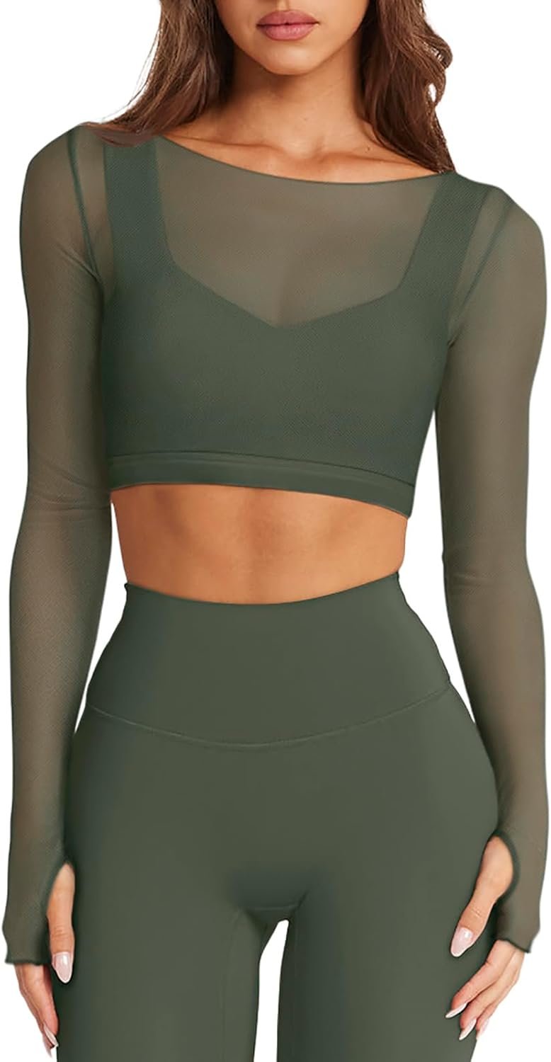 LASLULU Mesh Long Sleeve Crop Tops for Women Double Lined Workout Athletic Gym Shirts Cropped Tops with Built in Bra
