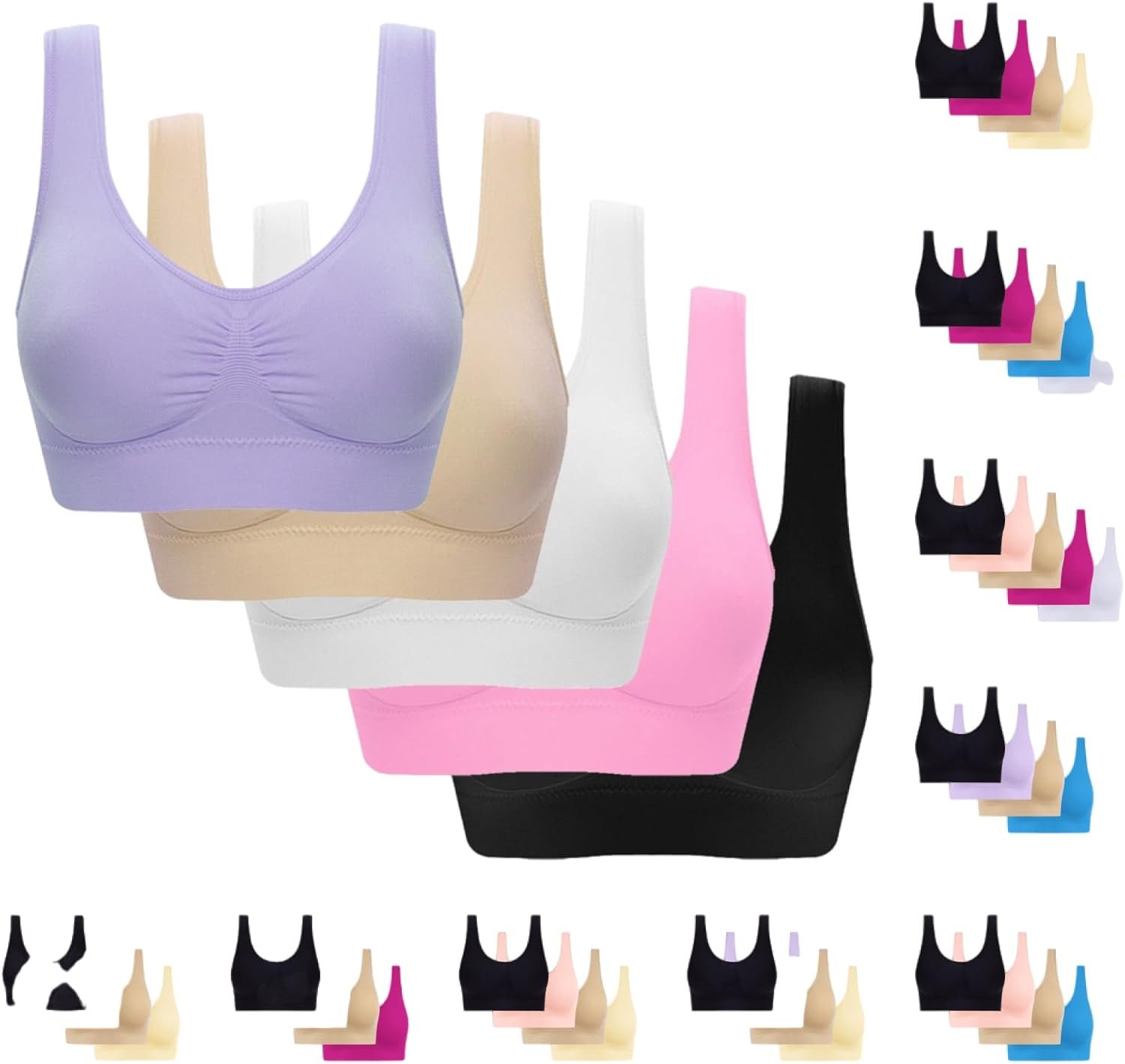 5 Pack Sport Bras for Women High Impact Support Wireless Bra Seamless Comfortable Breathable Push Up Bra