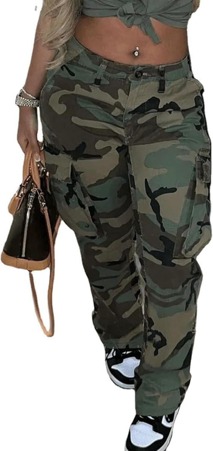 Vakkest Women’s Oversized Camo Cargo Pants Jogger Trousers Workout Sweatpants Camouflage Army Fatigue with Pockets