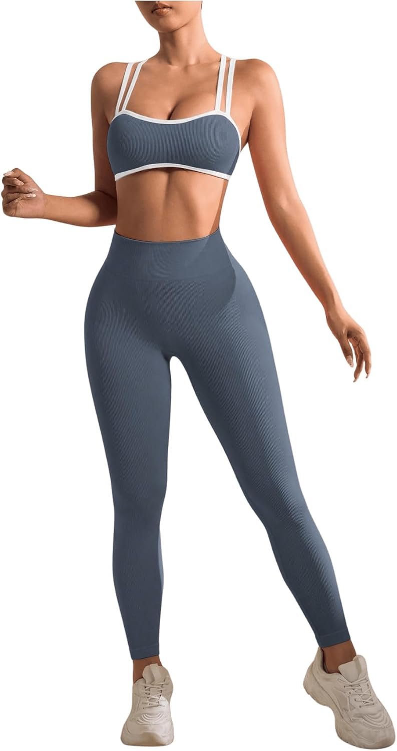 SHENHE Women’s Seamless Workout Set Cross Back Sports Bra High Waist Leggings 2 Piece Tracksuit
